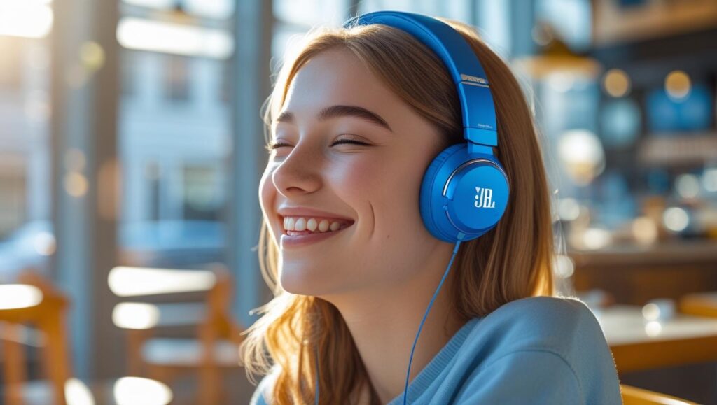 Uma jovem feliz utilizando o fone sem fio para ouvir música em um café